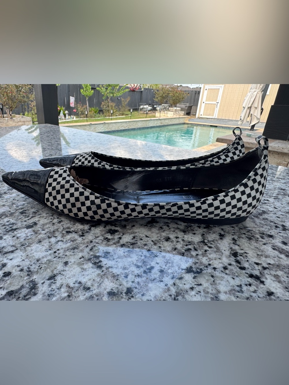 Giorgio Armani Black and White Checkered Pointed Ballet Flats with Patent Cap